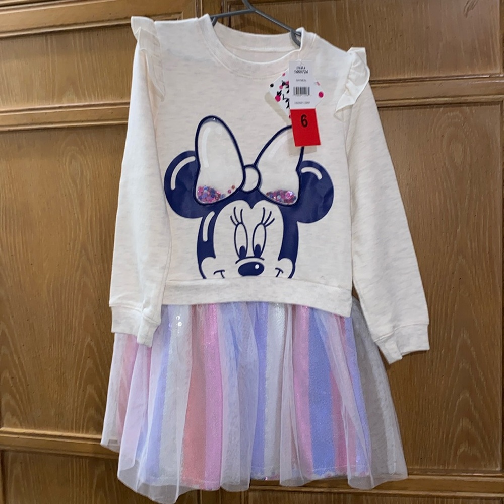 Minnie Mouse Dress Sequins Ruffle Shoulder Size 6 NEW